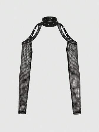 Grunge Punk Chaleco funcional y utilitario con aplicaciones de PU, estilo futurista, calado y transparente