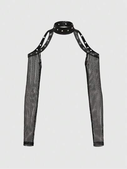 Grunge Punk Functional Utility Futuristic PU Patchwork Fishnet See-Through Vest Top