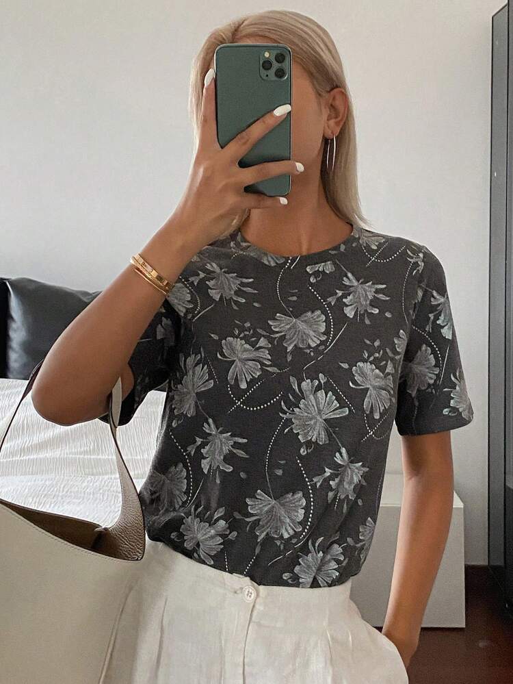 Floral Print Casual Loose Short Sleeve Summer Blouse, Vacation Wear For Women,Graphic Tees