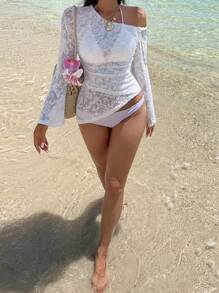 DAZY 新款春夏不对称肩部甜美休闲海滩度假不对称上衣女士上衣 - 白色 - 查看 3