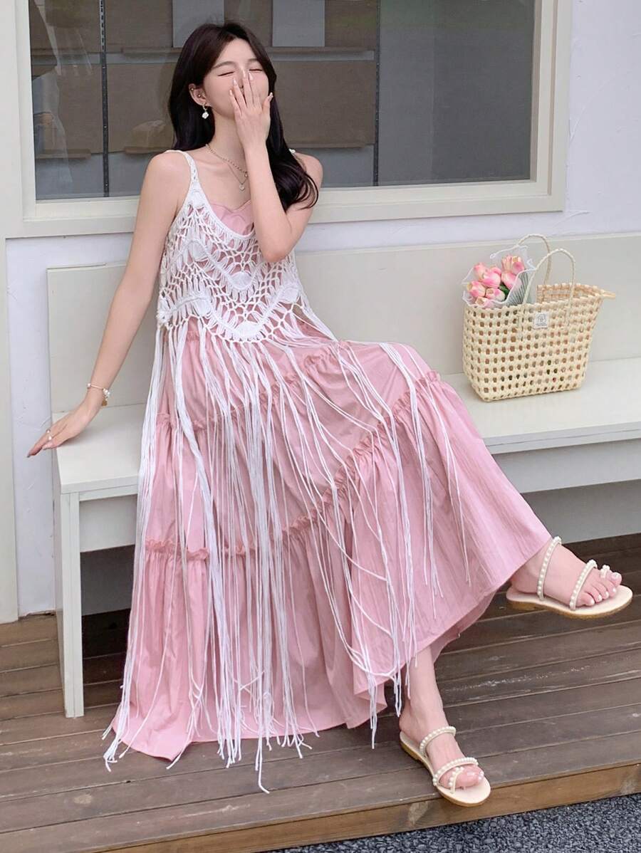 DAZY 2 件女士夏季度假休闲吊带背心和流苏短裤套装 - 粉色 - 查看 1