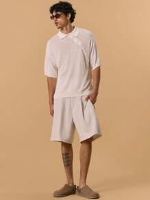 Musero Asymmetrical Button Polo Knit Top Drop Shoulder Knitwear Spring Summer Holiday Vacation - Apricot - View 5