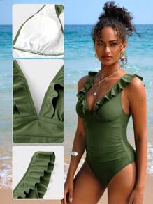 Swim Vcay 1 pieza Traje de baño de una pieza para mujer con escote en V profundo y volantes de un solo color, para vacaciones - Verde militar - Ver 5