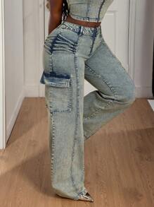 Slaydiva Women's Cargo Pocket Wide Leg Relaxed Fit Casual Versatile Jeans - Blue - View 4