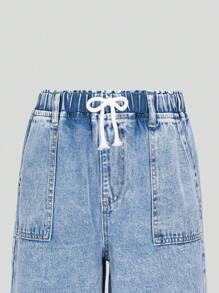 青少年女孩浅蓝色水洗牛仔休闲时尚舒适蝴蝶结装饰抽绳腰袋阔腿牛仔裤 - 中等水洗藍 - 查看 6