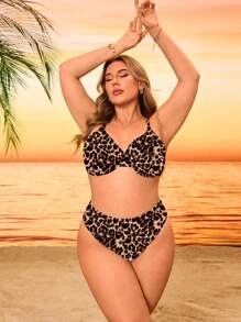 SHEIN Swim Curve Plus Size Women 2pcs/Set Black & White Leopard Print Random Pattern Underwire Bikini Set Set For Summer Beach Vacation - Multicolor - View 4