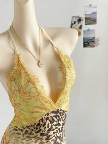 Soleia 度假蕾丝拼布豹纹花卉印花黄色露背鱼尾超长紧身连衣裙