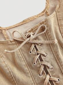 SHEIN MOD Women's Summer Sleeveless Tie Front Eyelet Denim Cropped Top - Brown - View 3