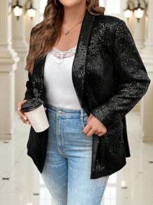 SHEIN Clasi Plus Shawl Collar Open Front Sequin Blazer - Black - View 5