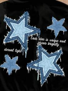 Manfinity Joysei Loose Retro Style Denim Patchwork Star Print Black Loose Cropped Shirt Men Cropped Shirts - Black - View 2