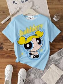 THE POWERPUFF GIRLS X SHEIN Women Summer Casual Cartoon & Letter Graphic Loose Fit Drop Shoulder Short Sleeve T-Shirt