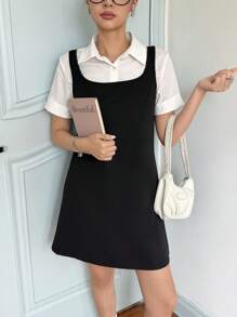 SHEIN Vestido mini para chicas adolescentes, ajustado, casual, simple y cómodo con cuello cuadrado y sin mangas - Negro - Ver 1