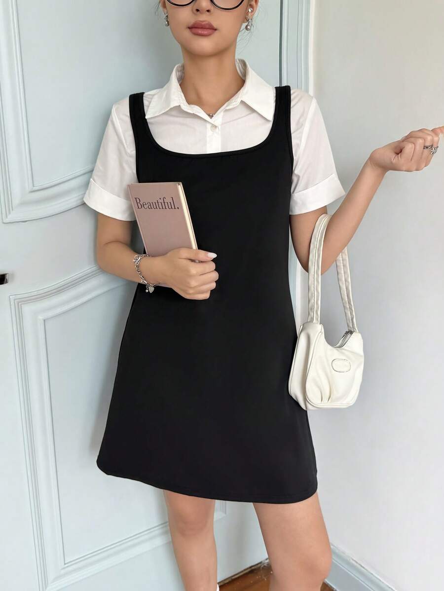 SHEIN Vestido mini para chicas adolescentes, ajustado, casual, simple y cómodo con cuello cuadrado y sin mangas - Negro - Ver 1