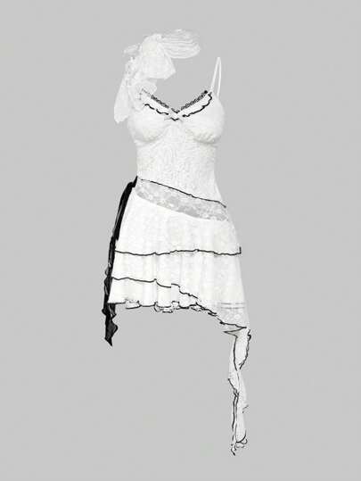 Fairycore Deconstructed Angel Lace Contrast Texture Fabric Scarf Collar Women Ruffle Detail Dress