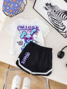 SHEIN 2pcs/Set Baby Boy Summer Cute Cartoon Print Knit Short Sleeve T-Shirt And Elastic Waist Shorts Set - Multicolor - View 3