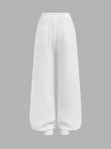 SHEIN Tween Girl Ruched Texture Chiffon Drawstring Waist Pocketed Loose Wide Leg White Pants