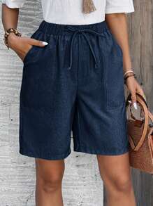 EMERY ROSE Plus Size Women Solid Bermuda Shorts, Relaxed Fit Knee Length Mid-Waist Basic Style, Summer - Navy Blue - View 5