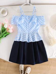 Vestido de línea A con decoración de volantes y moño para niñas preadolescentes con rayas tipo Bardot - Celeste - Ver 7