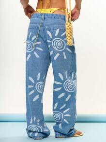 MUSERA Low Rise Solar Sun Print Washed Denim Wide Leg Jeans Summer Vacation Holiday Festival Cute Casual Elegant Tuscan Sun Concert Beach 4th July