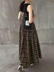 FRIFUL Women's Sleeveless Plaid With Ruffle Patchwork Loose Long Casual Dress Plaid Dress Women Brown Plaid Dress Long Plaid Dress Grunge Dress
