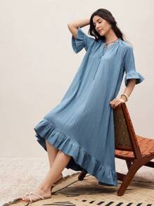 Modelyn Vestido con cuello en V con volantes para mujer, estilo de vacaciones - Azul - Ver 3