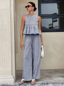 Siren Gaze 2025年波西米亚风夏季女装：格子荷叶边无袖露背上衣和阔腿裤套装 - 适合度假、节日、海滩休闲两件套，采用透气亚麻质感面料。女士夏季服装，女士夏季套装，夏季服装，夏季工作连衣裙，女士服装，格子套装，两件套，女士格子两件套，休闲两件套，夏季两件套，格子套装，方格两件套，格纹 - 藏蓝色 - 查看 6