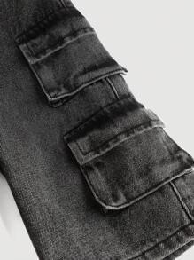 SHEIN 女婴灰色牛仔实用阔腿裤，酷炫服装/女童感恩节服装，女婴秋冬装