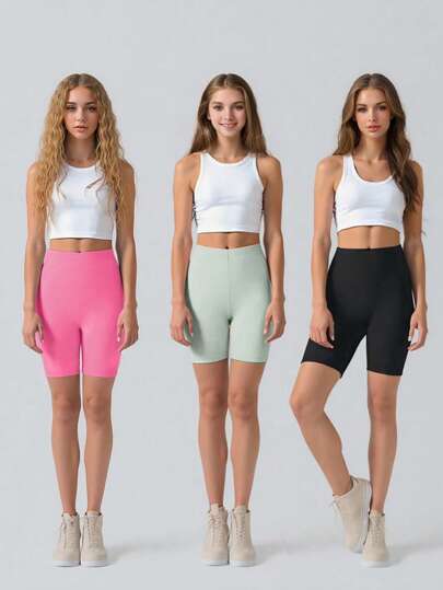 3 piezas Leggings cortos de estilo sólido suaves y cómodos para niñas/adolescentes, combinación de rosa, negro y gris