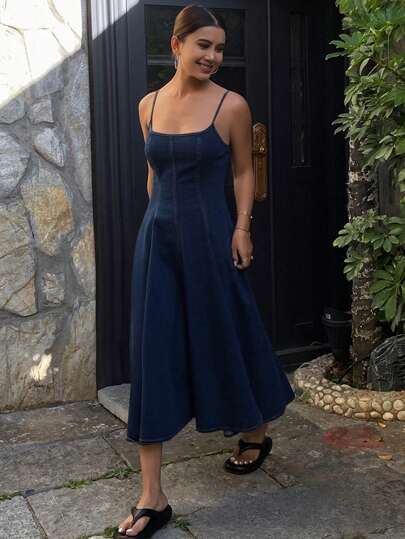 Livesso 女式夏季休闲宽松牛仔吊带连衣裙