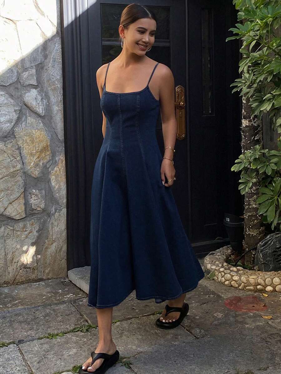 Livesso 女式夏季休闲宽松牛仔吊带连衣裙