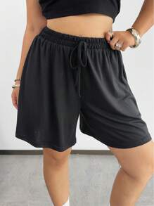 POPSWAY Plus Knot Front Elastic Waist Track Shorts - Black - View 5