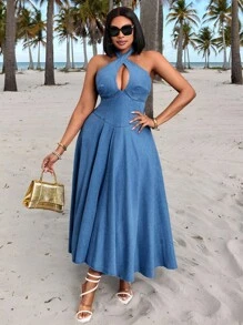 Slaydiva Women Plus Size Dark Blue Denim Dress,Hollow-Out Fitted Casual Summer Vacation Beach Holiday Sundress,Boho Long Autumn Wedding Guest Formal Dresses - Blue - View 2