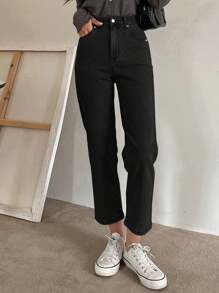 DAZY 女裝直筒剪裁膝蓋上方休閒牛仔褲，附有口袋 - 黑色 - 查看 6