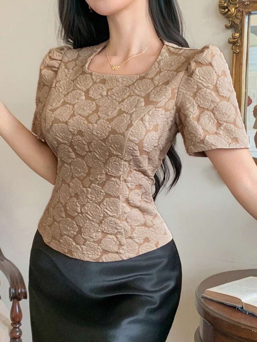 DAZY 优雅简约紧身泡泡袖女式衬衫，返校服装 - 卡其色 - 查看 1