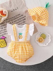 SHEIN 3件套新生女婴格子菠萝连体衣+白色T恤+菠萝叶帽套装，可爱风格适合春夏季 - 黃色 - 查看 3