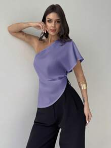 Firerie Blusa modesta, casual y elegante para trabajo y boda, primavera/verano, con un hombro, fruncido, bajo asimétrico, de tela texturizada, color blanco - Neblina azul - Ver 4