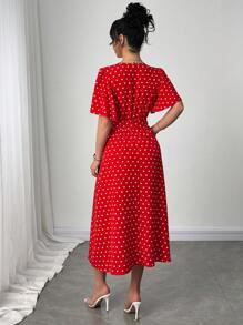 SHEIN LUNE Polka Dot Print V-Neck Tie Waist Elegant Short Sleeve Dress - Red - View 2