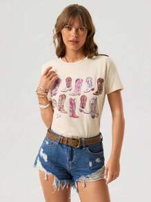 Wildy Maglietta casual da donna aderente, semplice e minimal, stampa stivali western, collo tondo, manica corta, in mescola di cotone, adatta per l'estate