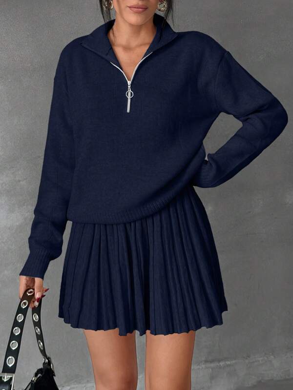 Ensemble pull et jupe femme de couleur unie avec col zippé et épaules tombantes