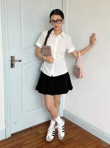 SHEIN Teen Girls' Casual Minimal Comfortable Turndown Collar Cinched Waist Short Sleeve Shirt - White - View 6