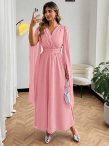 Roveilla فستان طويل من الشيفون مع أكمام متدلية وفتحة عميقة على الجانب للسيدات ذوات القياس الكبير