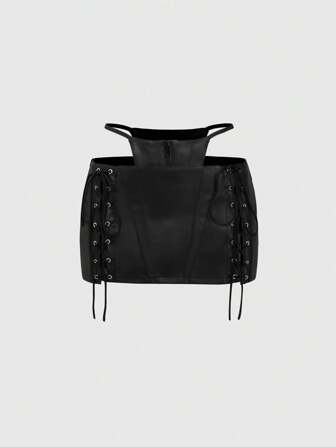 Grunge Punk Minifalda de PU con diseño de cordón de 2 en 1 de cintura extra baja y estilo futurista sexy