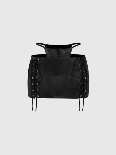Grunge Punk Futuristischer sexy ultratiefer Taillenrock aus PU-Leder mit 2-in-1 Kordelzugdesign