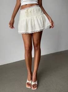 Aloruh Damen einfarbiger Kontrastspitze Schleife Verzierung Rüschen Saum kurzer Rock