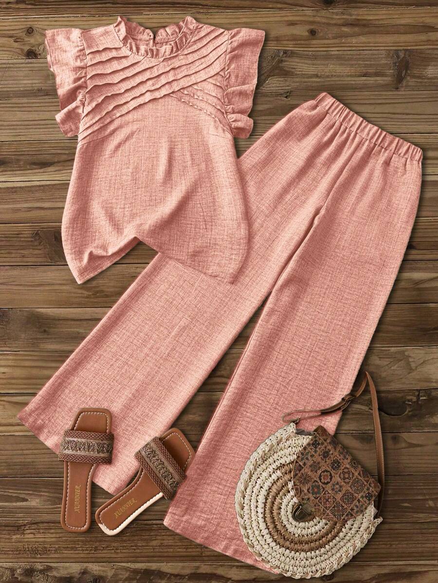 Elouméa Women's Casual Asymmetrical Ruched Trim Cap Sleeve Shirt With Ruffle Collar, Spring/Summer Women's Casual Elastic Waist Side Pocket Straight Leg Crop Pants, Spring/Summer, Blue - Dusty Pink - View 1
