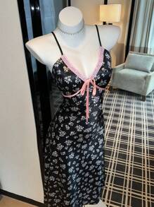 SHEIN Contrast Color Lace V-Neck Faux Silk Ditsy Floral Nightgown For Women - Black - View 5
