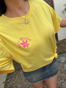 Flirla Plus Size Plain Front & Back Pattern Print Short Sleeve T-Shirt - Yellow - View 4