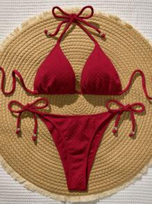 Bellisia Women's Summer Beach Solid Color Halter Tie-Up Sexy Bikini Swimwear Set - Red - View 3