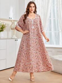SHEIN Najma Robe ample vintage pour femmes grande taille, col carré asymétrique, manches mi-longues, fleurs éparses avec franges, ample et confortable, style casual/resort - Multicolore - Voir 4