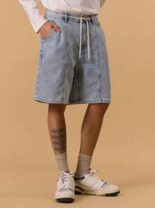 Musero 工装风长款牛仔短裤，纽扣开合，腰带环设计，适合春夏度假穿着 - 藍色 - 查看 2